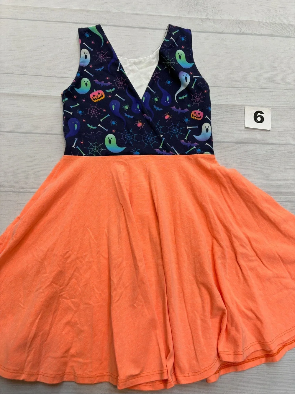 Malia and Kai Navy Ghost Print Bodice with Bright Orange Skirt Dress